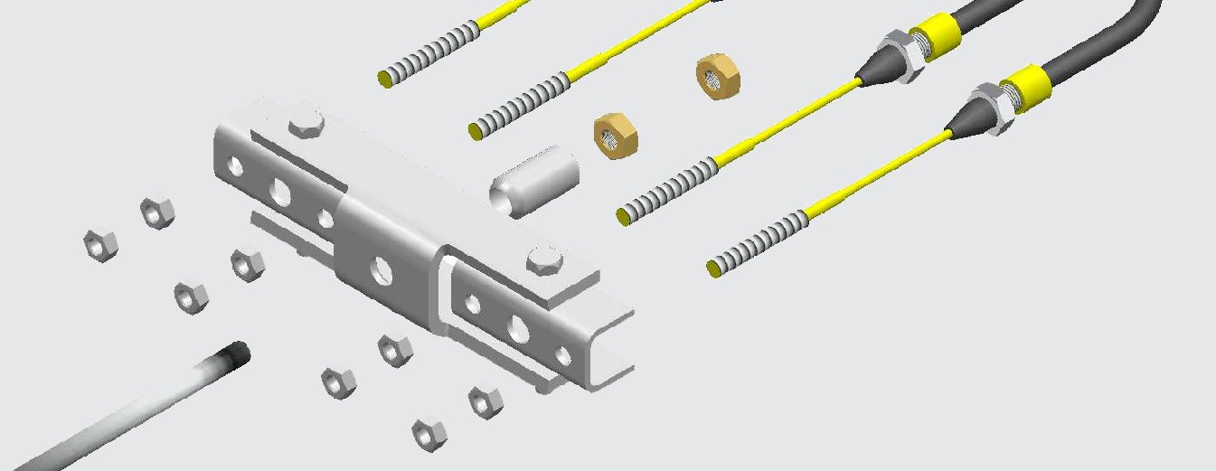 Fig. 53 — Exploded diagram of the brake cable compensator assembly: compensator bar, brake cables with end nipples, M8 adjuster nuts, and cable guides. The compensator bar must be set perpendicular to the direction of travel after adjustment