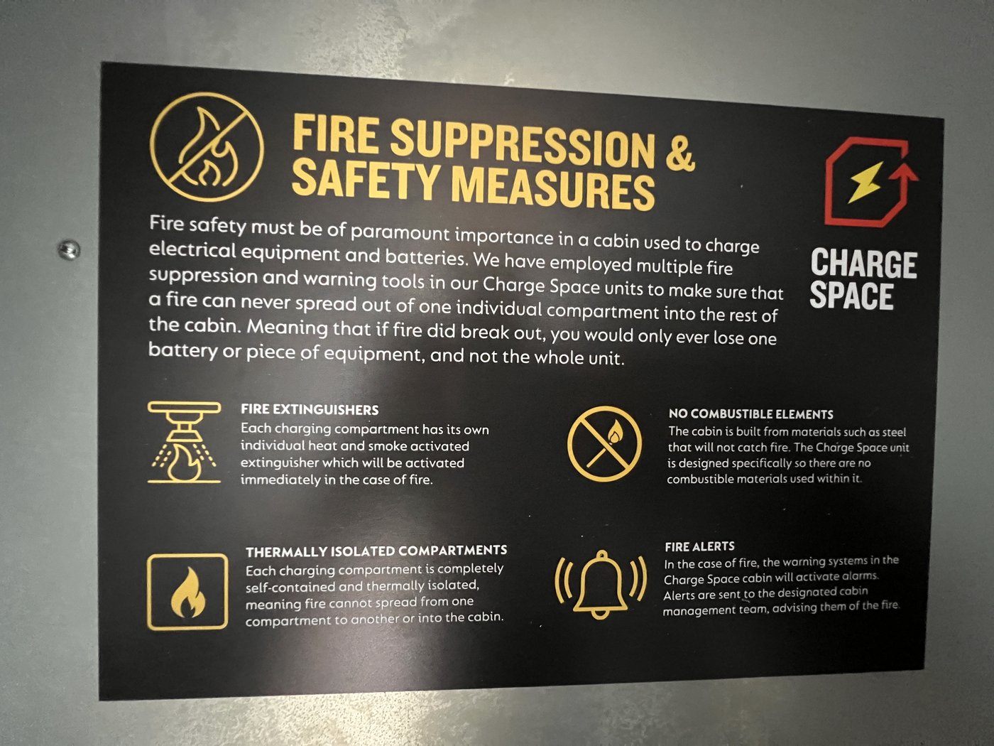 Fig. 20 — Fire Suppression and Safety Measures information panel, mounted inside the unit. Key points: each compartment has its own heat and smoke activated extinguisher; compartments are thermally isolated; the cabin is built from non-combustible materials; fire alerts are sent remotely to cabin management