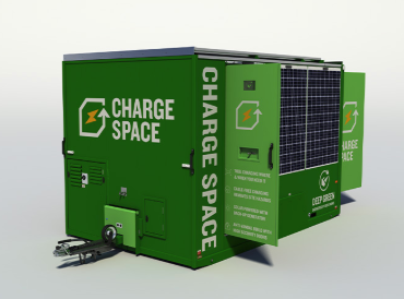 Fig. 1 — Charge Space product overview showing the unit in deployed configuration with solar panels extended