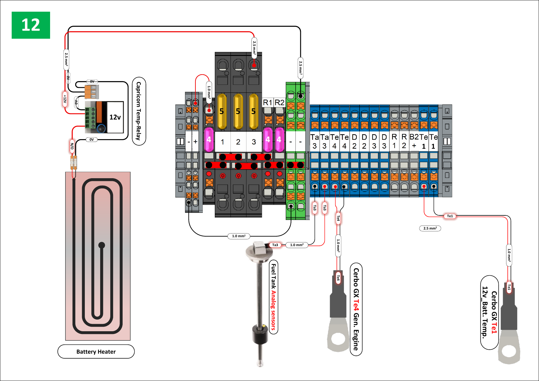 Fig. 37 — Wiring diagram showing the battery heater controlled by a Capricorn Temp-Relay (12V), the fuel tank analog float sender connected to the Cerbo GX tank input (Ta3), the generator engine temperature sensor connected to Cerbo GX input Te4, and the 12V battery temperature sensor connected to Cerbo GX input Te1