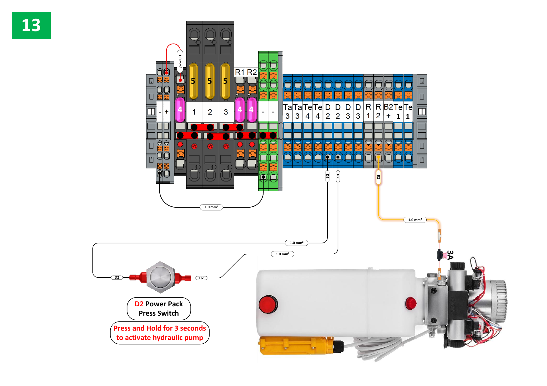 Fig. 38 — Wiring diagram for the hydraulic power pack showing the D2 Power Pack Press Switch connected to the 24V board terminal block (D2 terminals). The press switch activates the hydraulic pump motor. The diagram notes: Press and Hold for 3 seconds to activate hydraulic pump. A 3A fuse protects the pump circuit